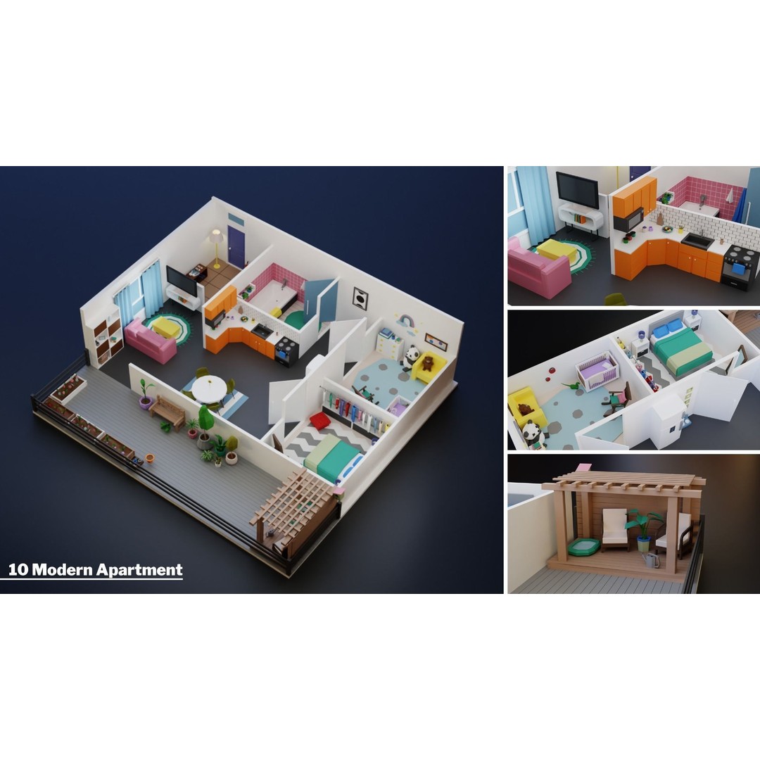 Apartment Interiors 3D Model – Low Poly Collection with 2227 Assets - View 23