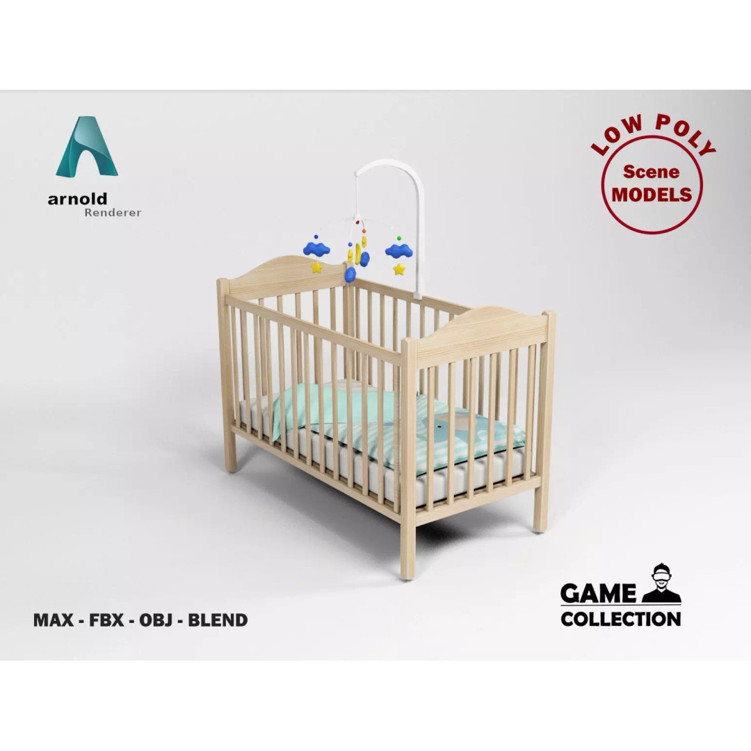 Baby Crib 3D Model – Low Poly Game Asset with PBR Textures, FBX, OBJ - View 2