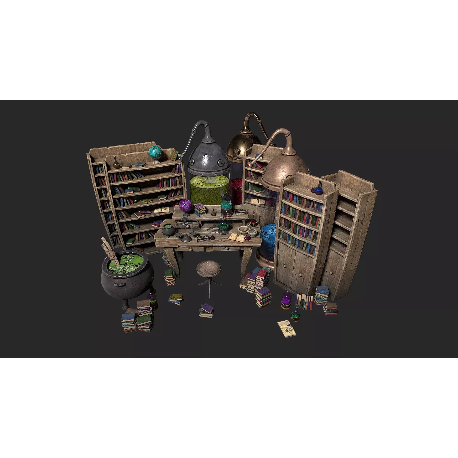 Medieval Laboratory Furniture Set - Low-Poly Game-Ready 3D Model - View 2