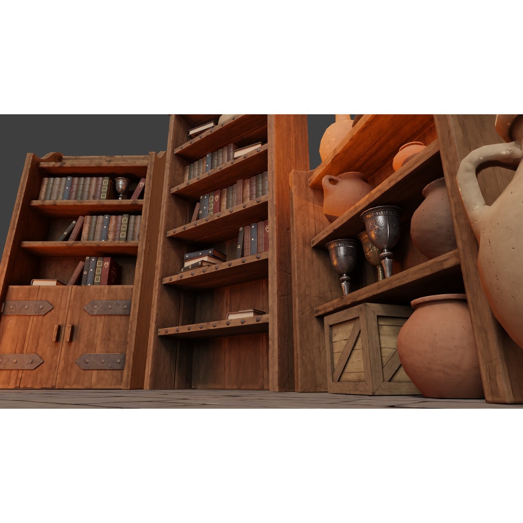 Medieval Bookcases 3D Model – Low Poly Game Asset, FBX - View 10