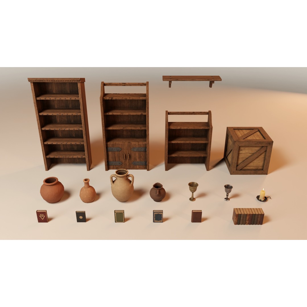 Medieval Bookcases 3D Model – Low Poly Game Asset, FBX - View 12