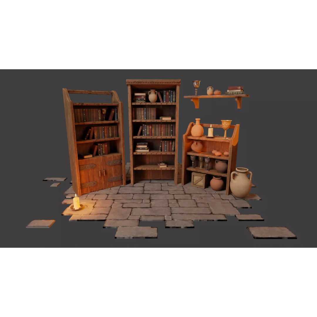 Medieval Bookcases 3D Model – Low Poly Game Asset, FBX - View 2