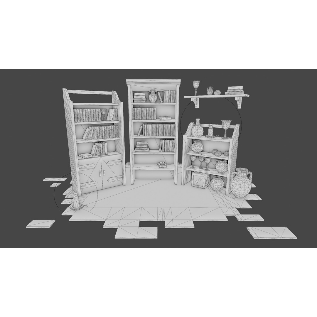 Medieval Bookcases 3D Model – Low Poly Game Asset, FBX - View 3