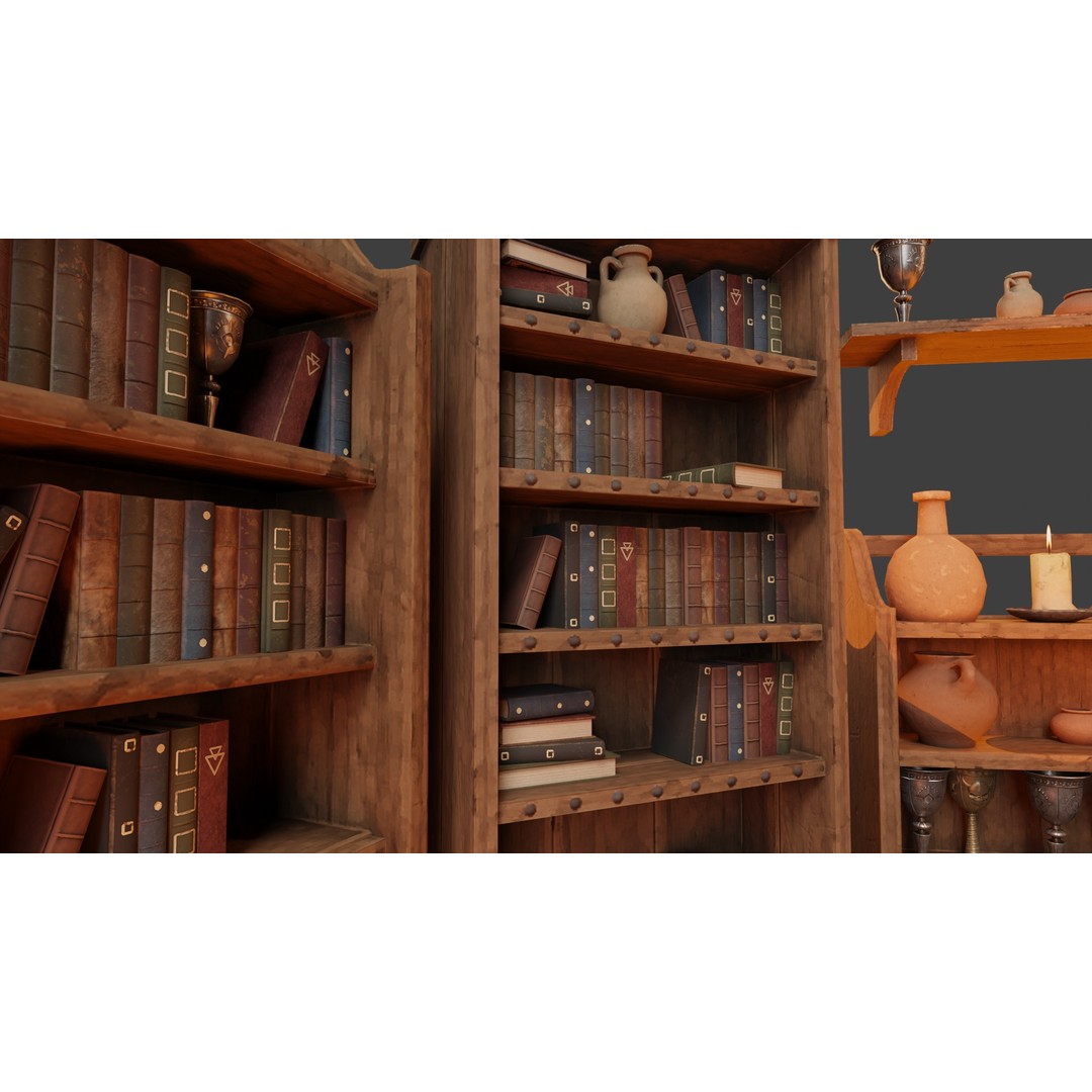 Medieval Bookcases 3D Model – Low Poly Game Asset, FBX - View 4