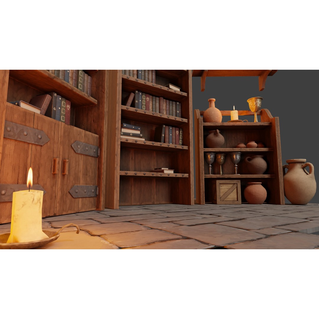 Medieval Bookcases 3D Model – Low Poly Game Asset, FBX - View 6