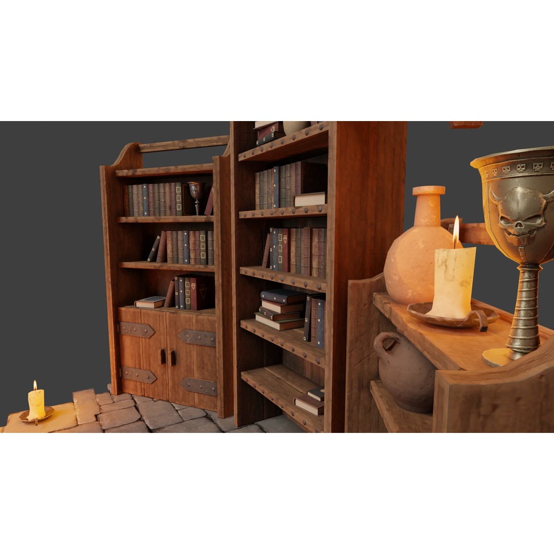 Medieval Bookcases 3D Model – Low Poly Game Asset, FBX - View 8