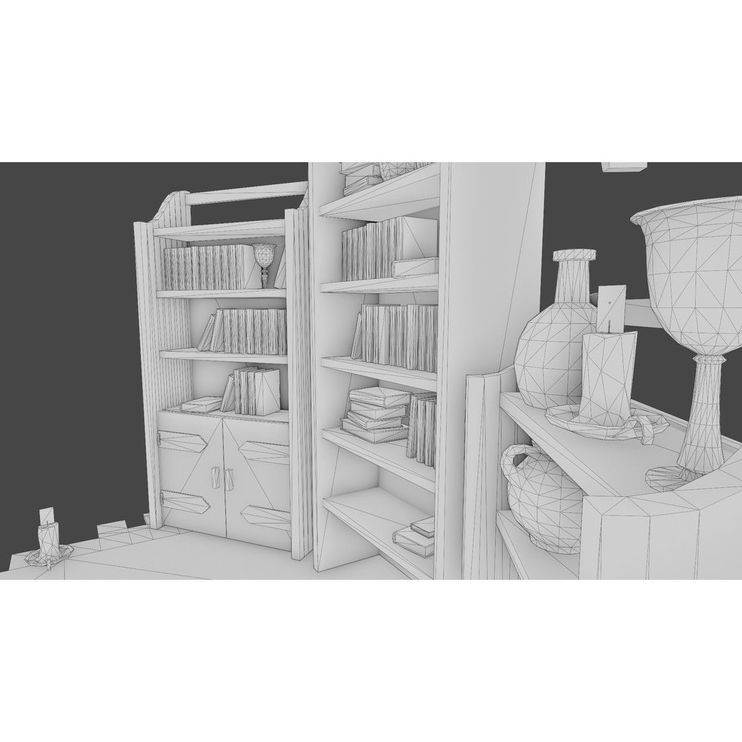 Medieval Bookcases 3D Model – Low Poly Game Asset, FBX - View 9