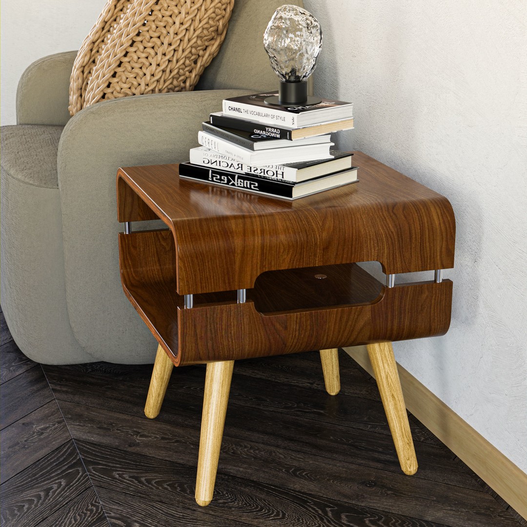 Curved Walnut Edge Side Table 3D Model – Low Poly PBR Furniture, Blender