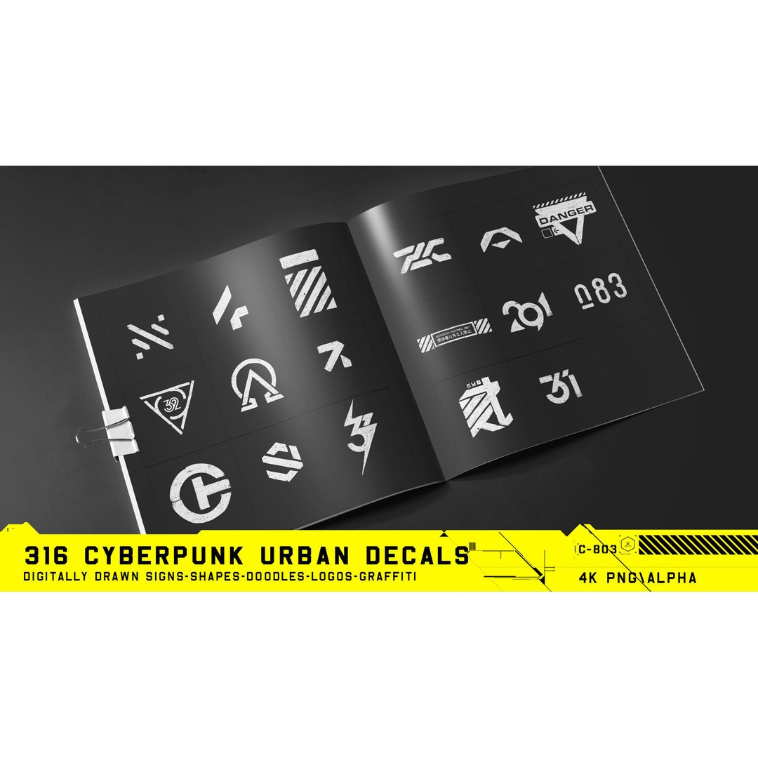 316 Cyberpunk Urban Decals 3D Model – Hand Drawn Textures, PNG & JPG
