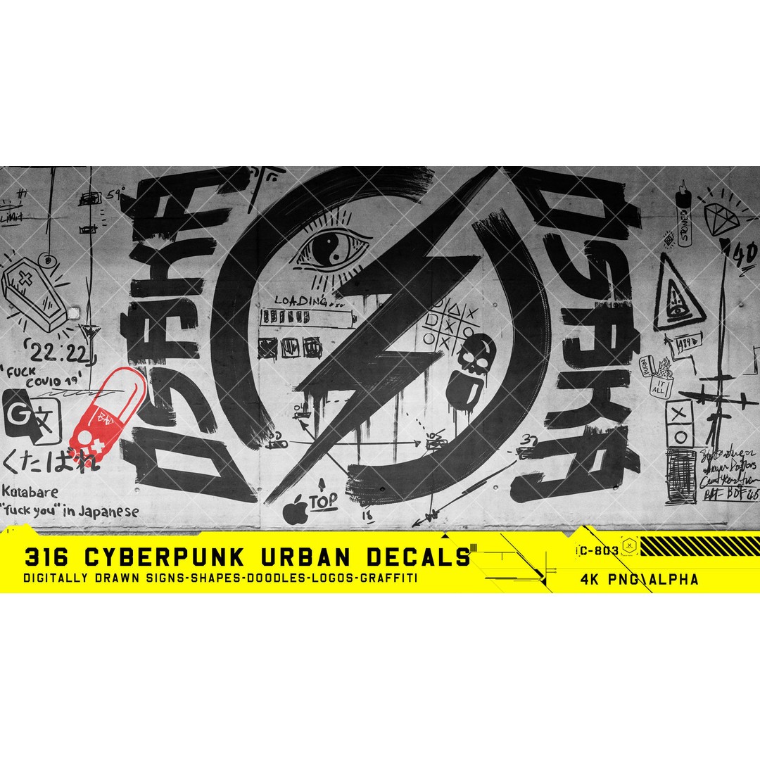 316 Cyberpunk Urban Decals 3D Model – Hand Drawn Textures, PNG & JPG - View 10