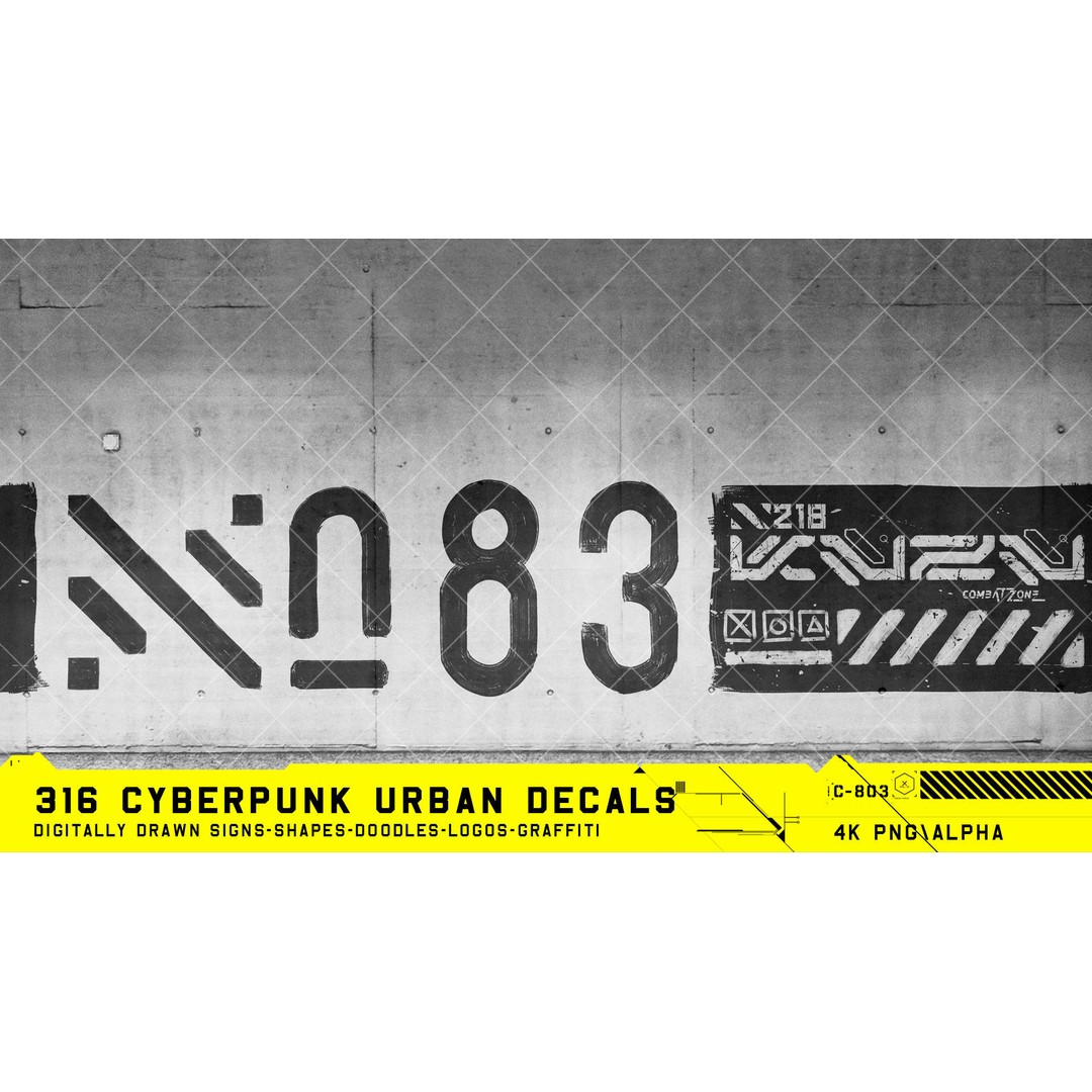 316 Cyberpunk Urban Decals 3D Model – Hand Drawn Textures, PNG & JPG - View 11