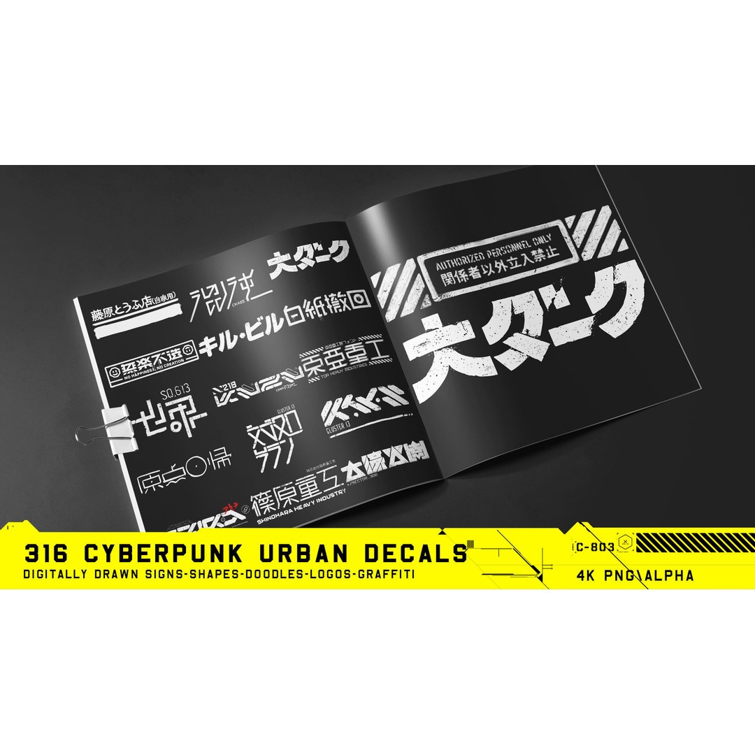 316 Cyberpunk Urban Decals 3D Model – Hand Drawn Textures, PNG & JPG - View 13