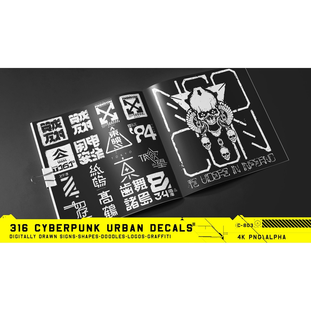 316 Cyberpunk Urban Decals 3D Model – Hand Drawn Textures, PNG & JPG - View 14