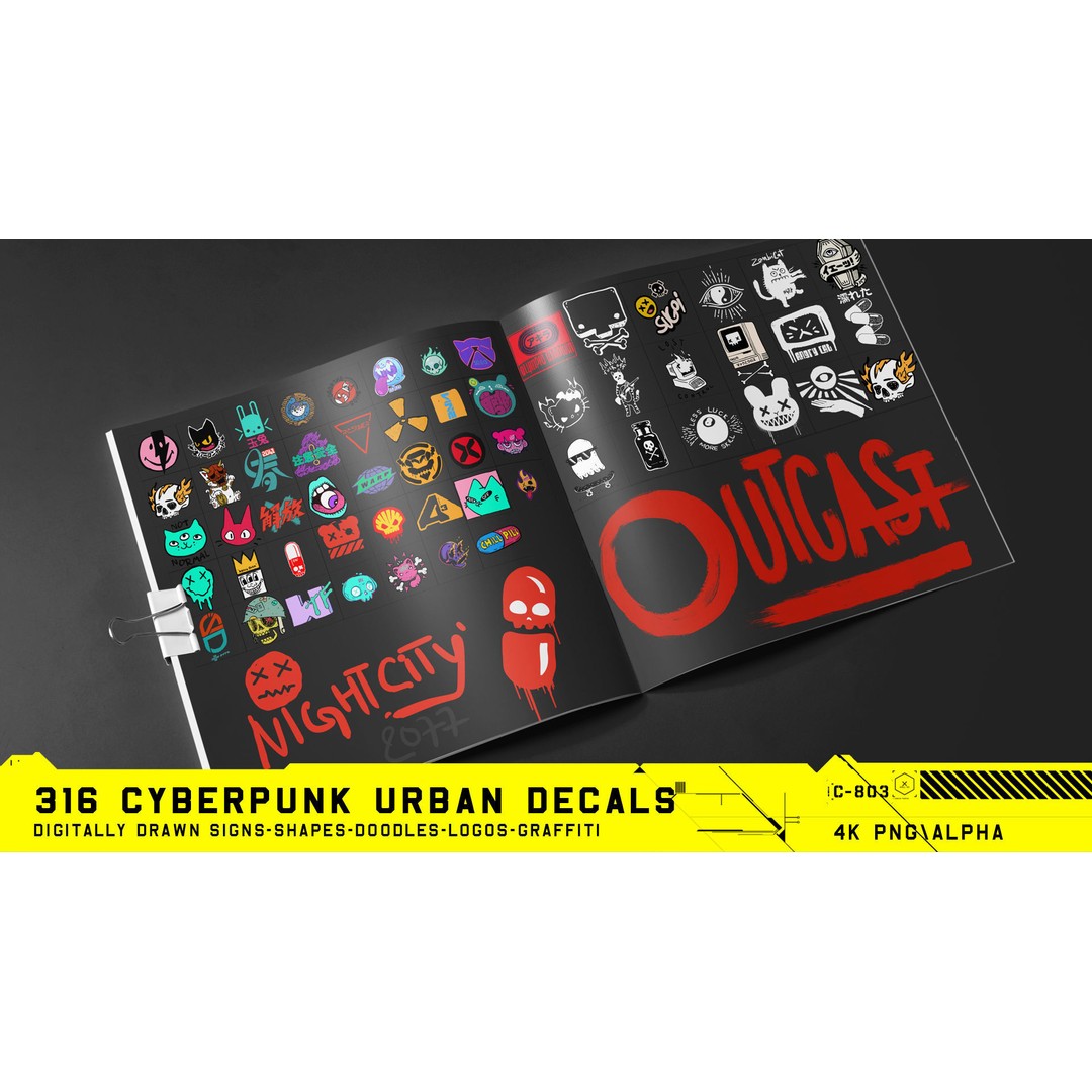 316 Cyberpunk Urban Decals 3D Model – Hand Drawn Textures, PNG & JPG - View 16
