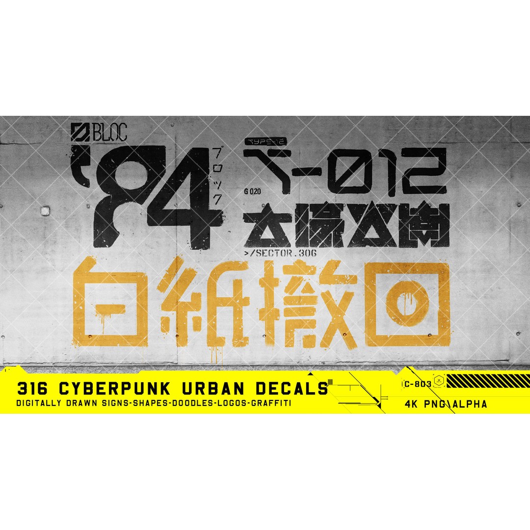 316 Cyberpunk Urban Decals 3D Model – Hand Drawn Textures, PNG & JPG - View 3