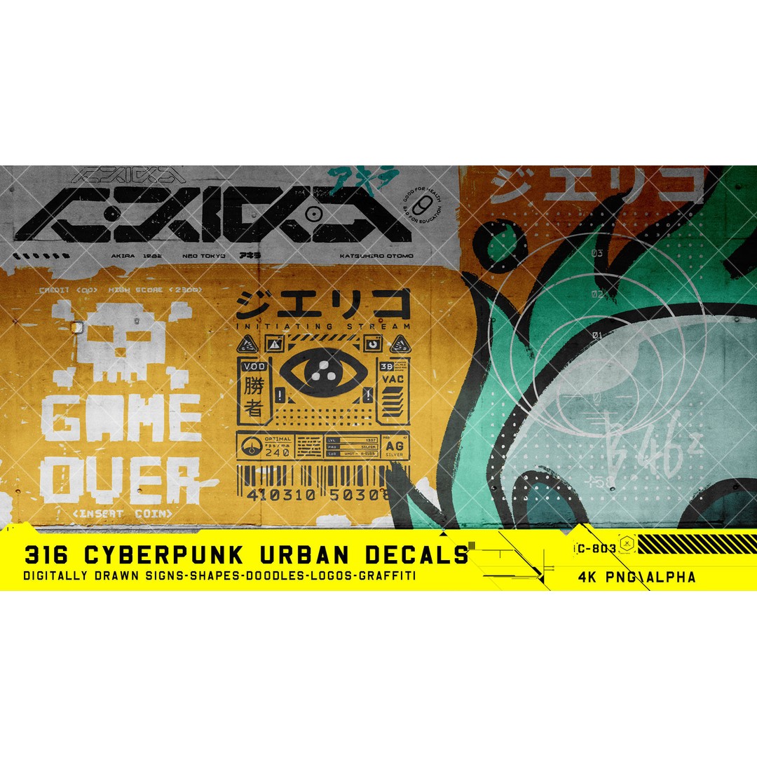 316 Cyberpunk Urban Decals 3D Model – Hand Drawn Textures, PNG & JPG - View 4