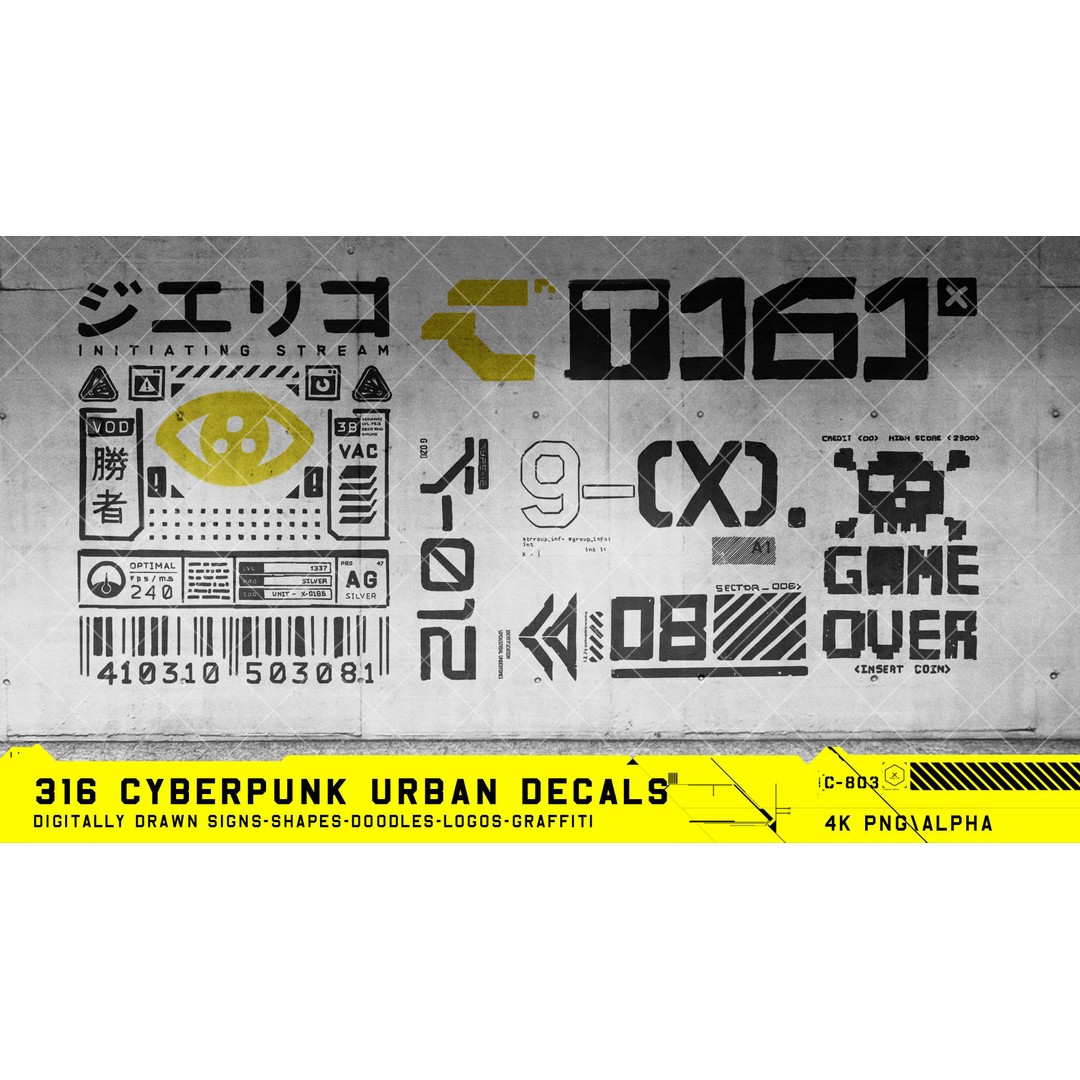 316 Cyberpunk Urban Decals 3D Model – Hand Drawn Textures, PNG & JPG - View 5