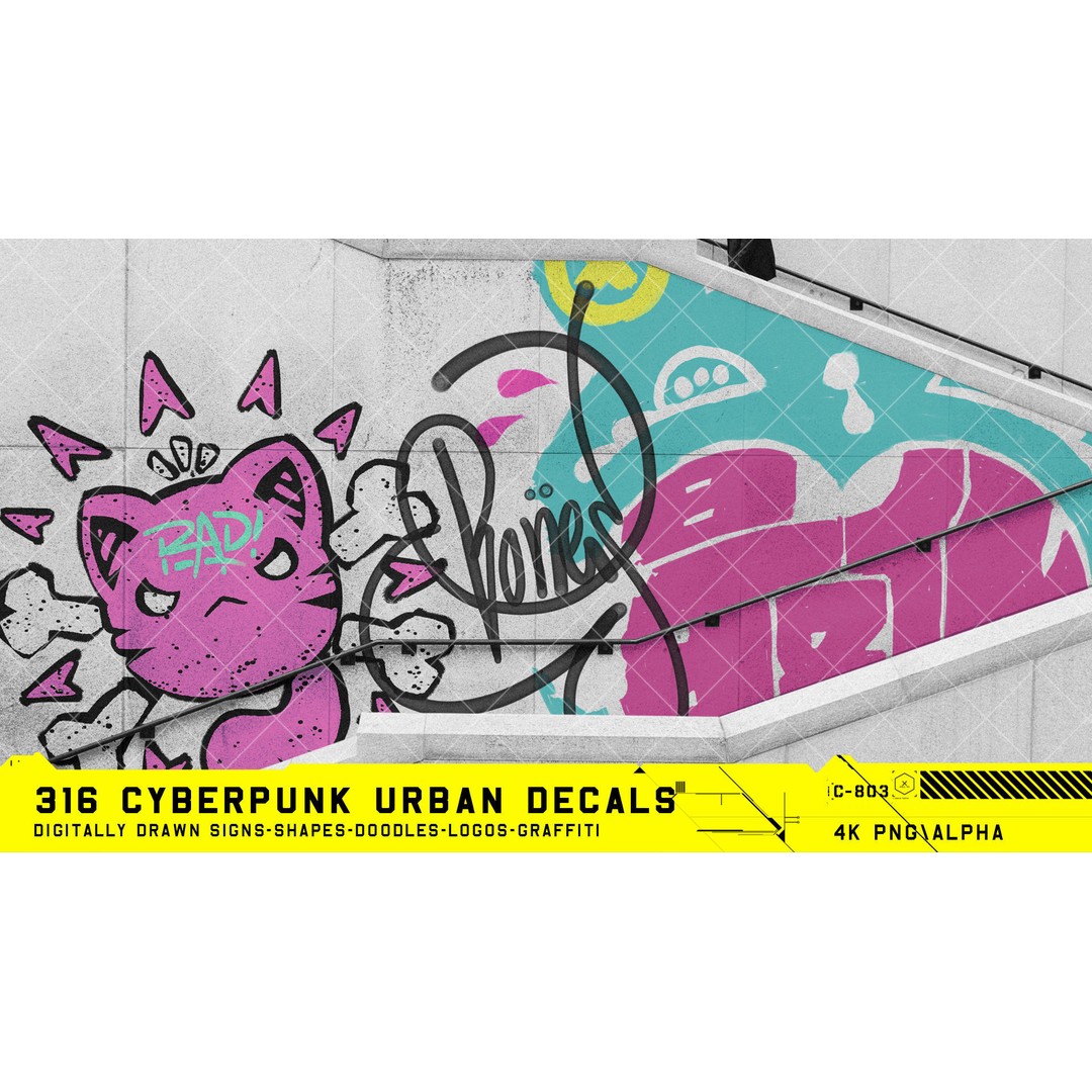 316 Cyberpunk Urban Decals 3D Model – Hand Drawn Textures, PNG & JPG - View 7