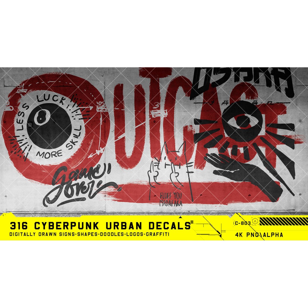 316 Cyberpunk Urban Decals 3D Model – Hand Drawn Textures, PNG & JPG - View 8