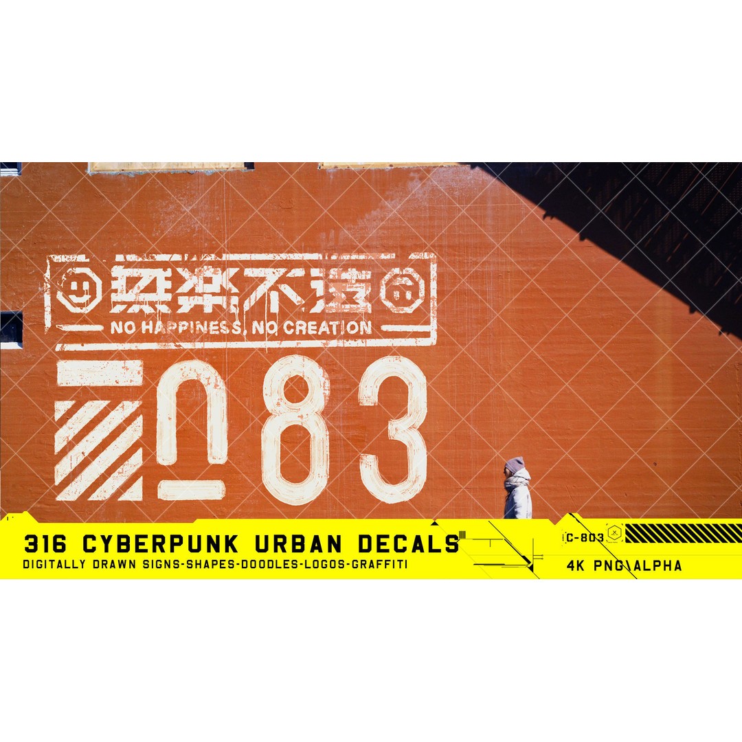 316 Cyberpunk Urban Decals 3D Model – Hand Drawn Textures, PNG & JPG - View 9