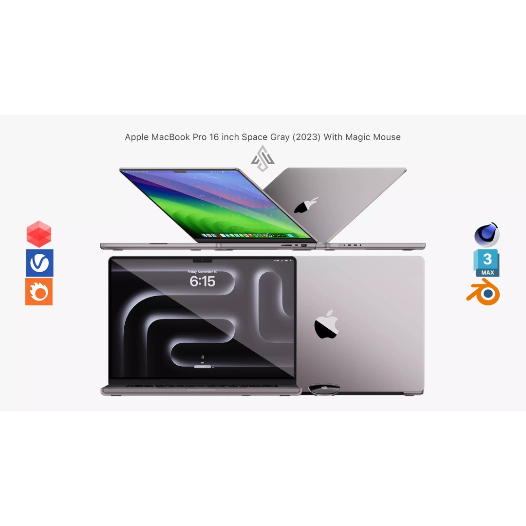 Apple MacBook Pro 16 Inch 3D Model – Space Gray Laptop with Magic Mouse - View 2