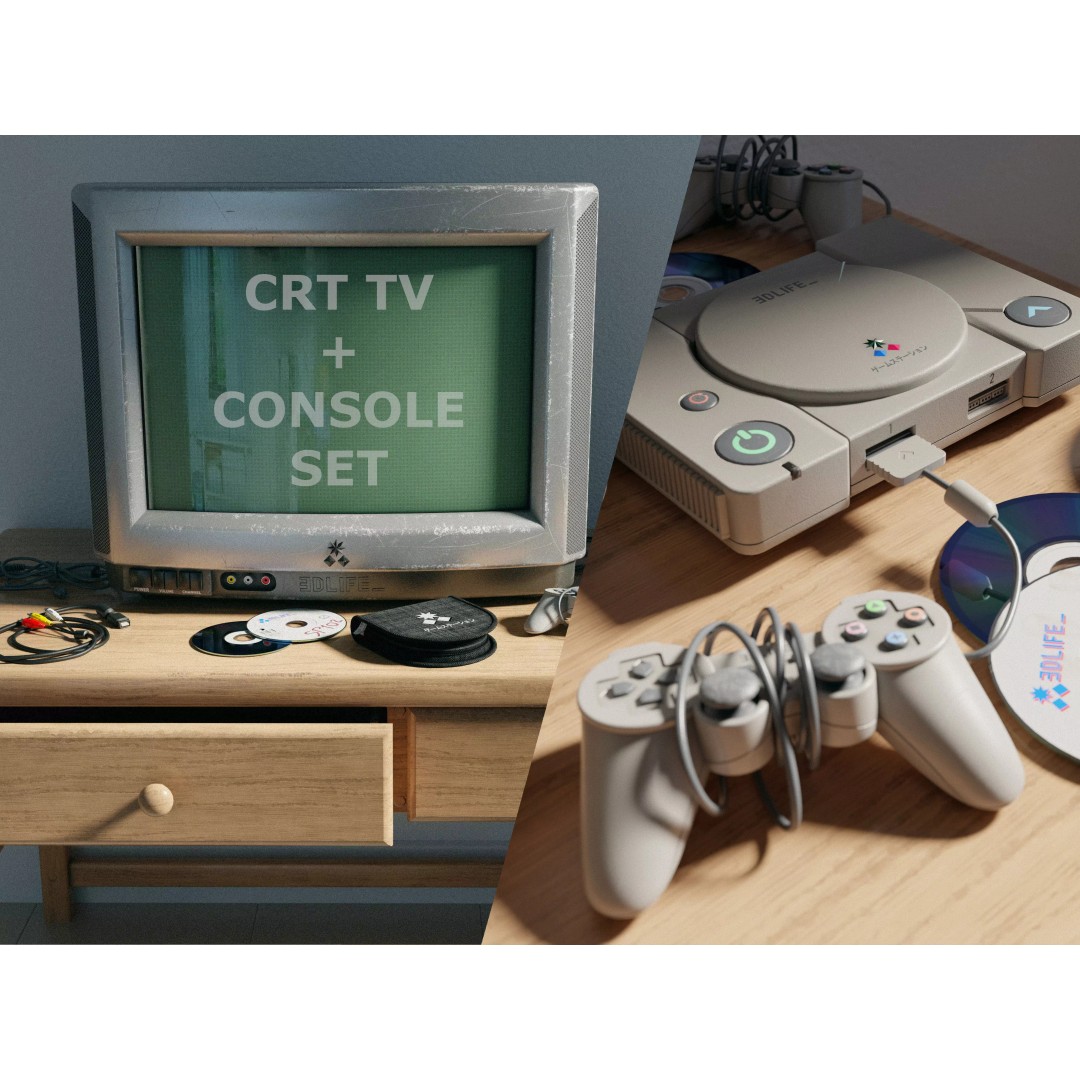 CRT TV and Game Console 3D Model – Low Poly Vintage Video Asset, FBX - View 2