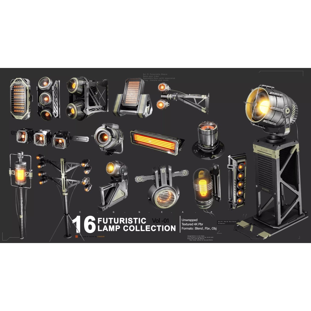 Sci-Fi Lamps 3D Model – Low Poly PBR Lighting Asset, FBX, OBJ - View 2