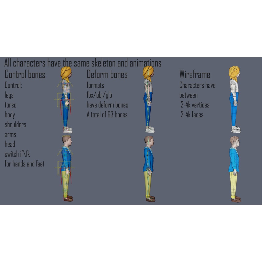 Casual Characters 3D Model – Low Poly Rigged Pack with Animations - View 11