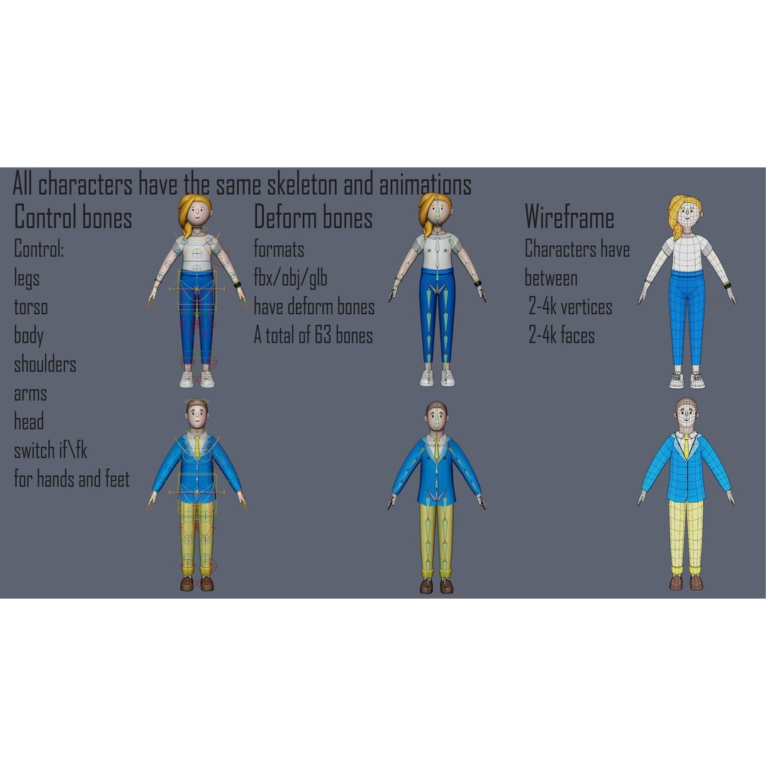 Casual Characters 3D Model – Low Poly Rigged Pack with Animations - View 12
