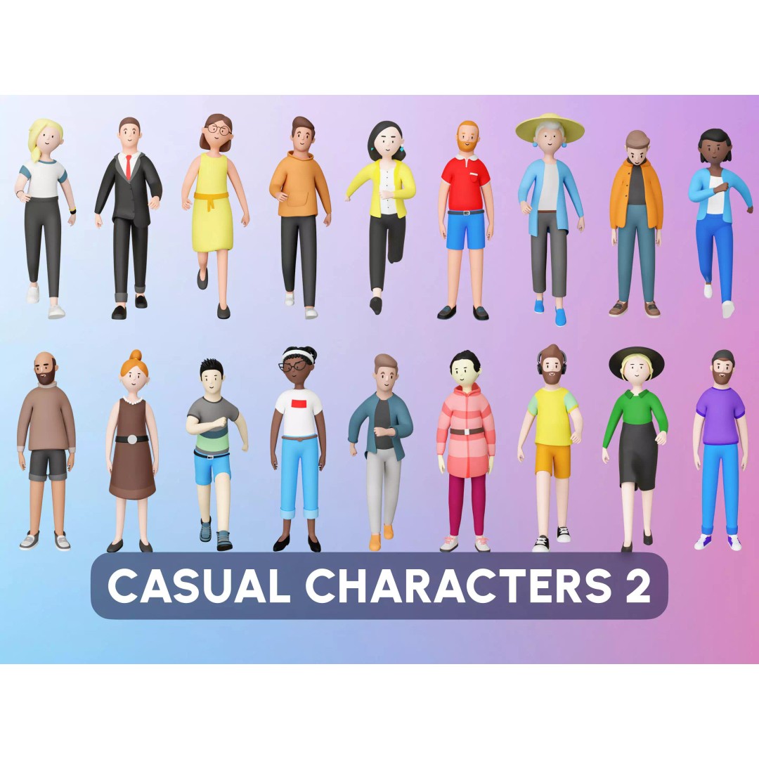 Casual Characters 3D Model – Low Poly Rigged Pack with Animations - View 2
