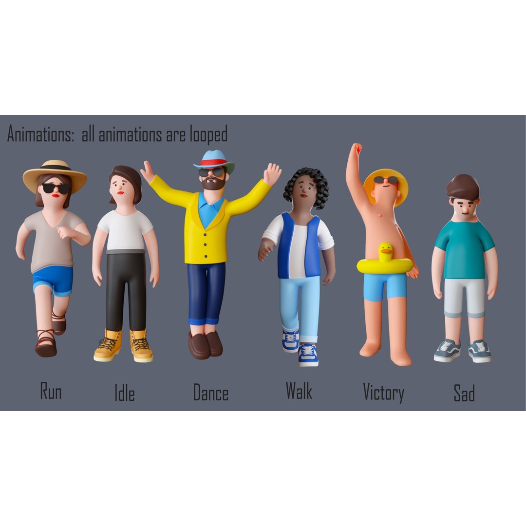 Cartoon Characters 3D Model – Low-Poly Rigged Pack with Animations - View 5