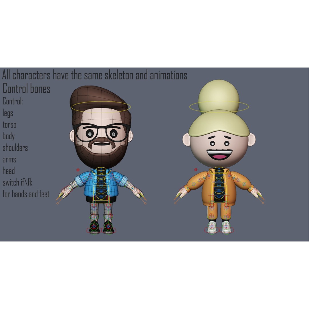 Cute Characters 3D Model – Low Poly Rigged Pack with Animations, FBX - View 14