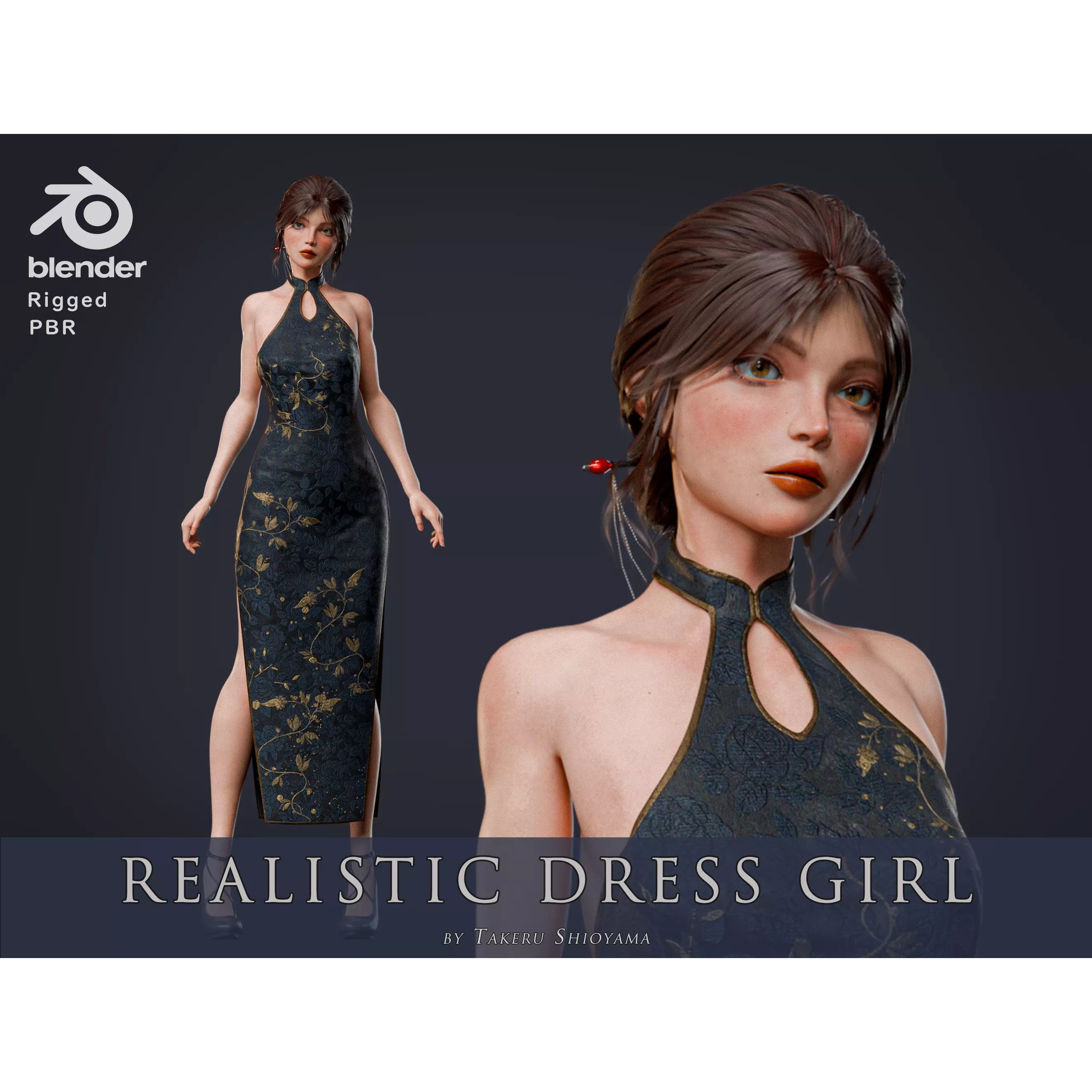 Realistic Dress Girl - Rigged Game-Ready 3D Model - View 2