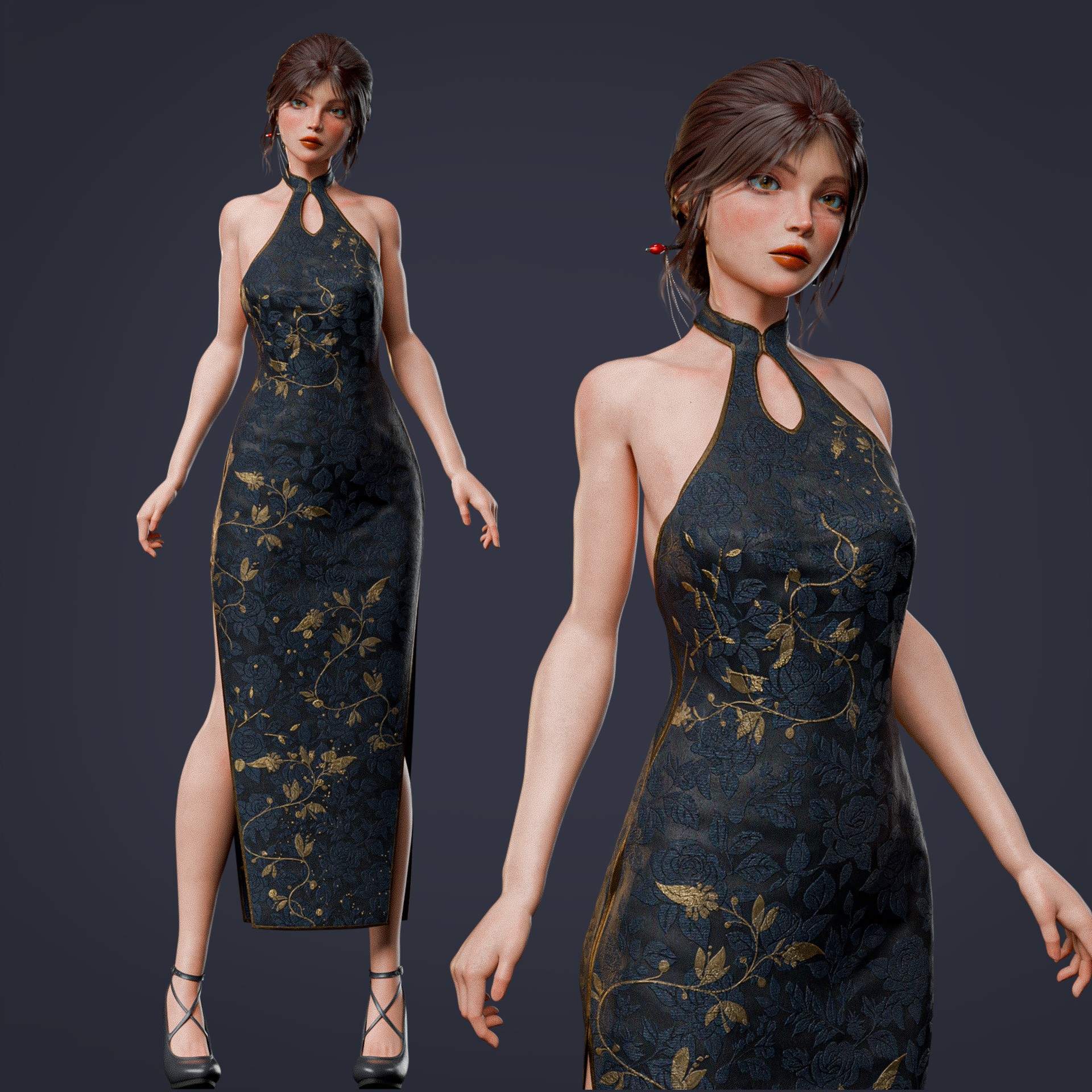 Realistic Dress Girl - Rigged Game-Ready 3D Model - View 3
