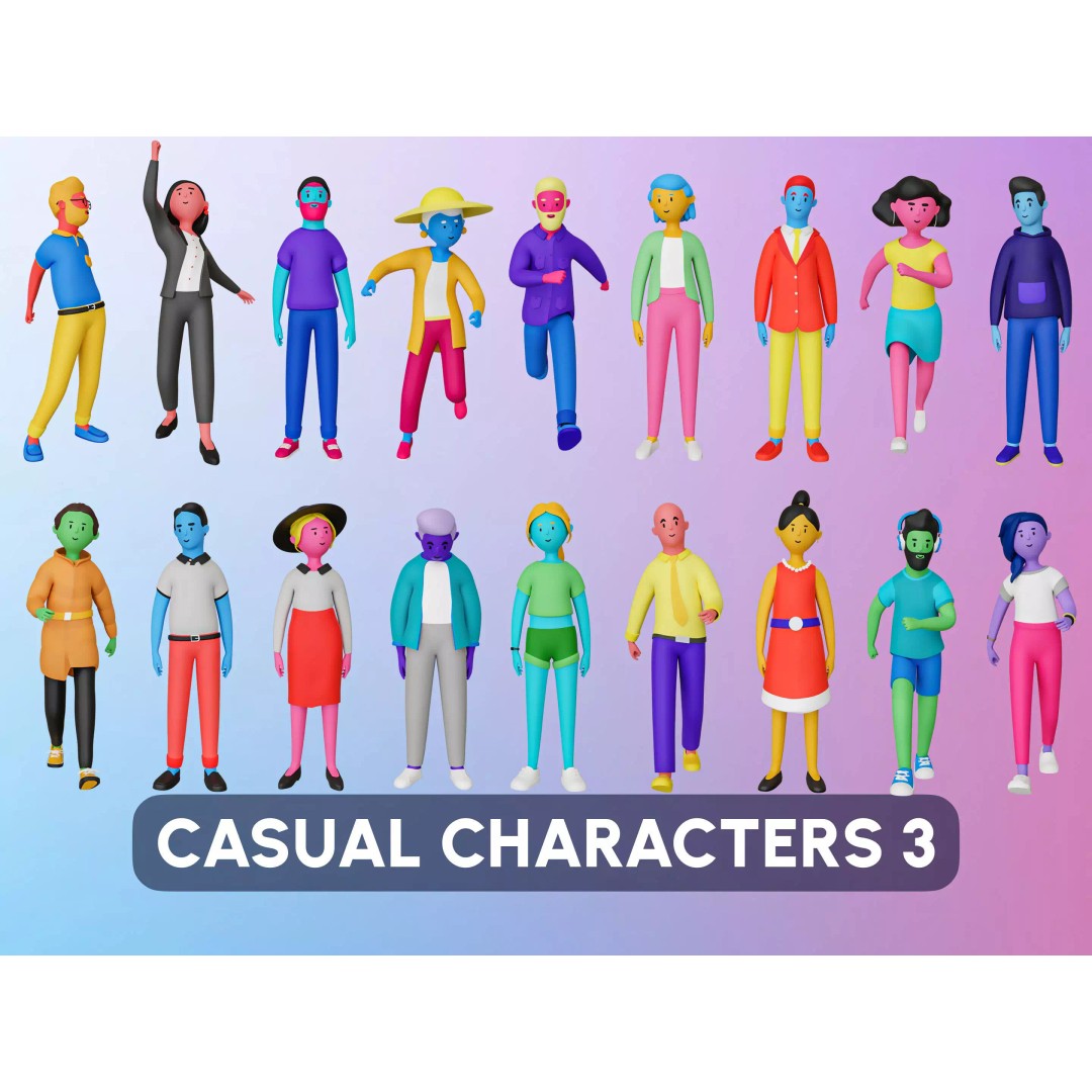 Casual Characters 3D Model – Low Poly Stylized Character Pack, FBX & OBJ - View 2