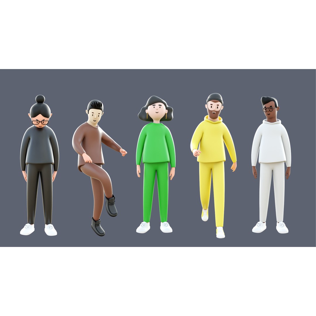 Casual Characters 3D Model – Low-Poly Rigged Collection with Animations - View 10