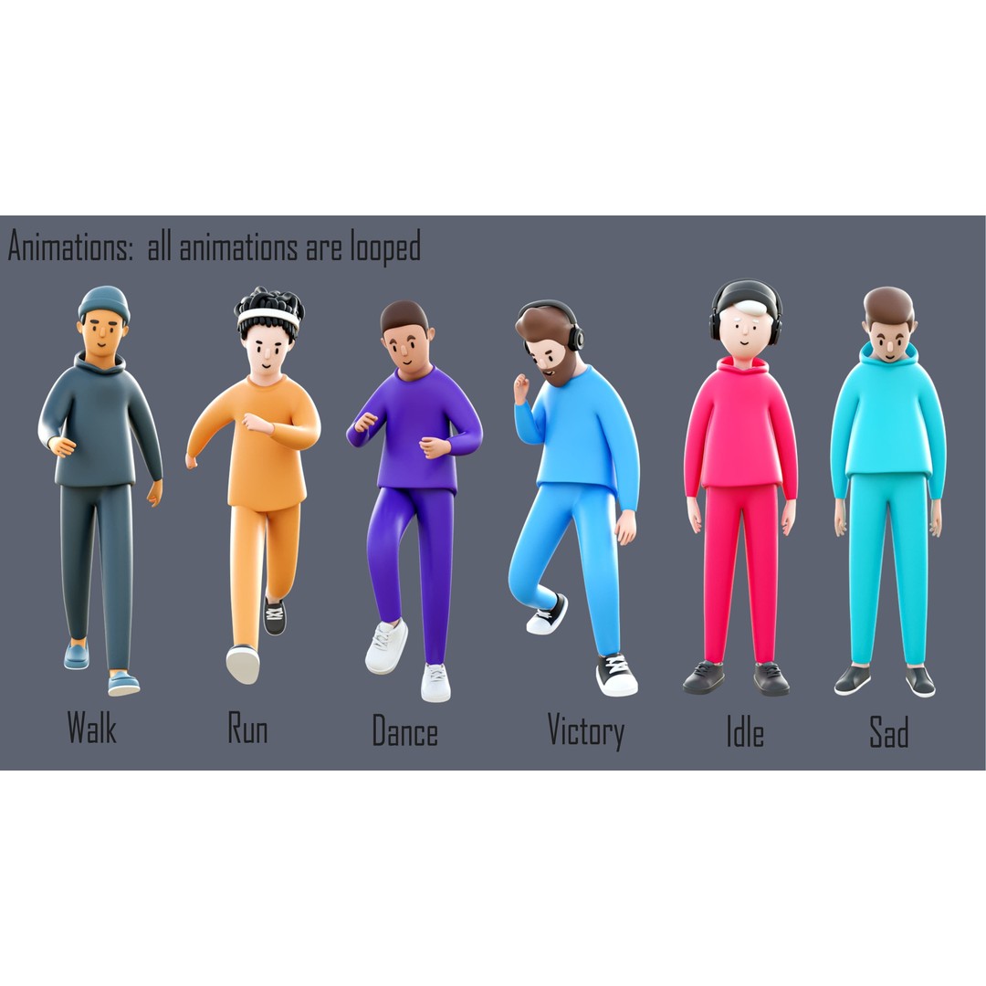 Casual Characters 3D Model – Low-Poly Rigged Collection with Animations - View 5