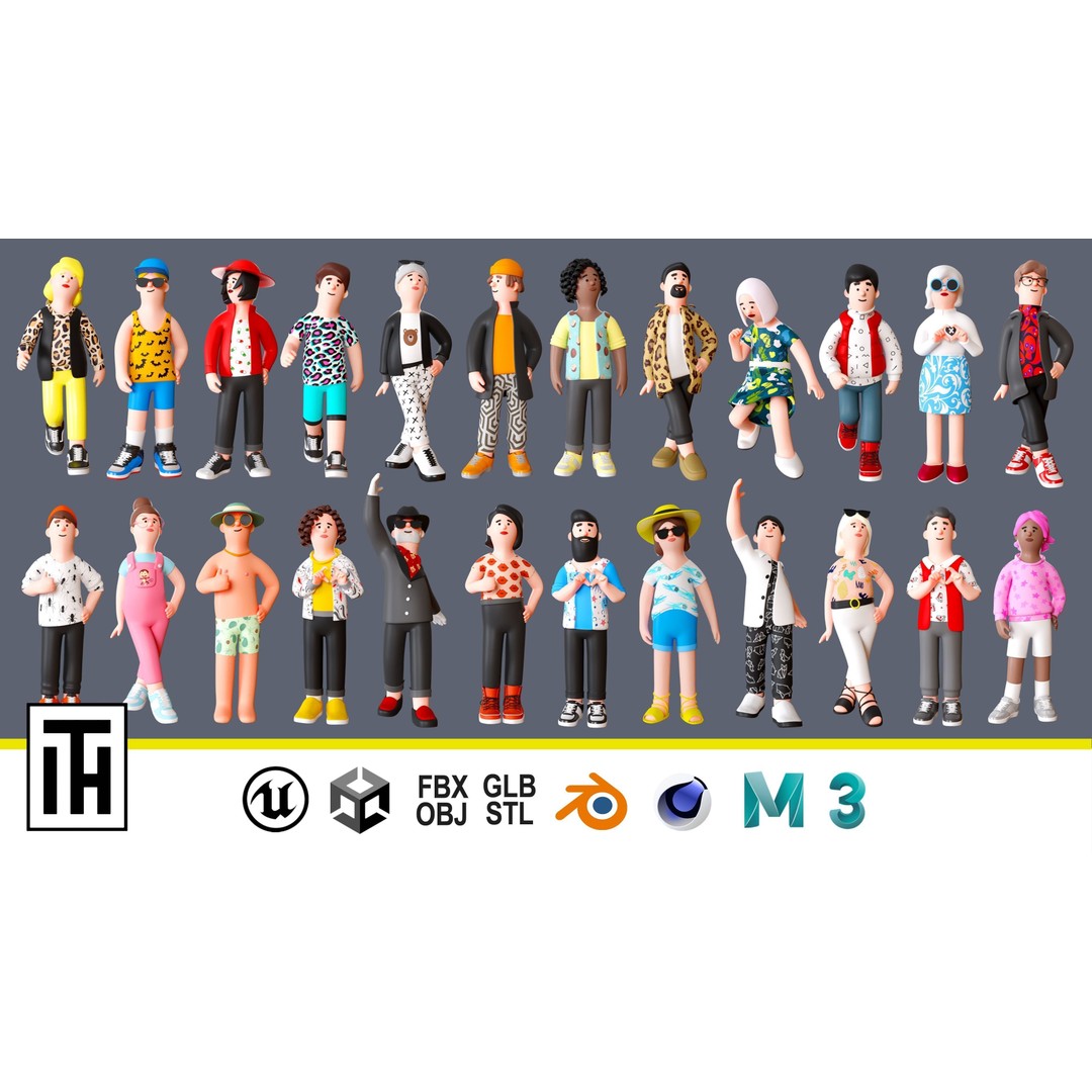 Cartoon Characters 3D Model – Low Poly Animated Rigged Pack, FBX, OBJ - View 3