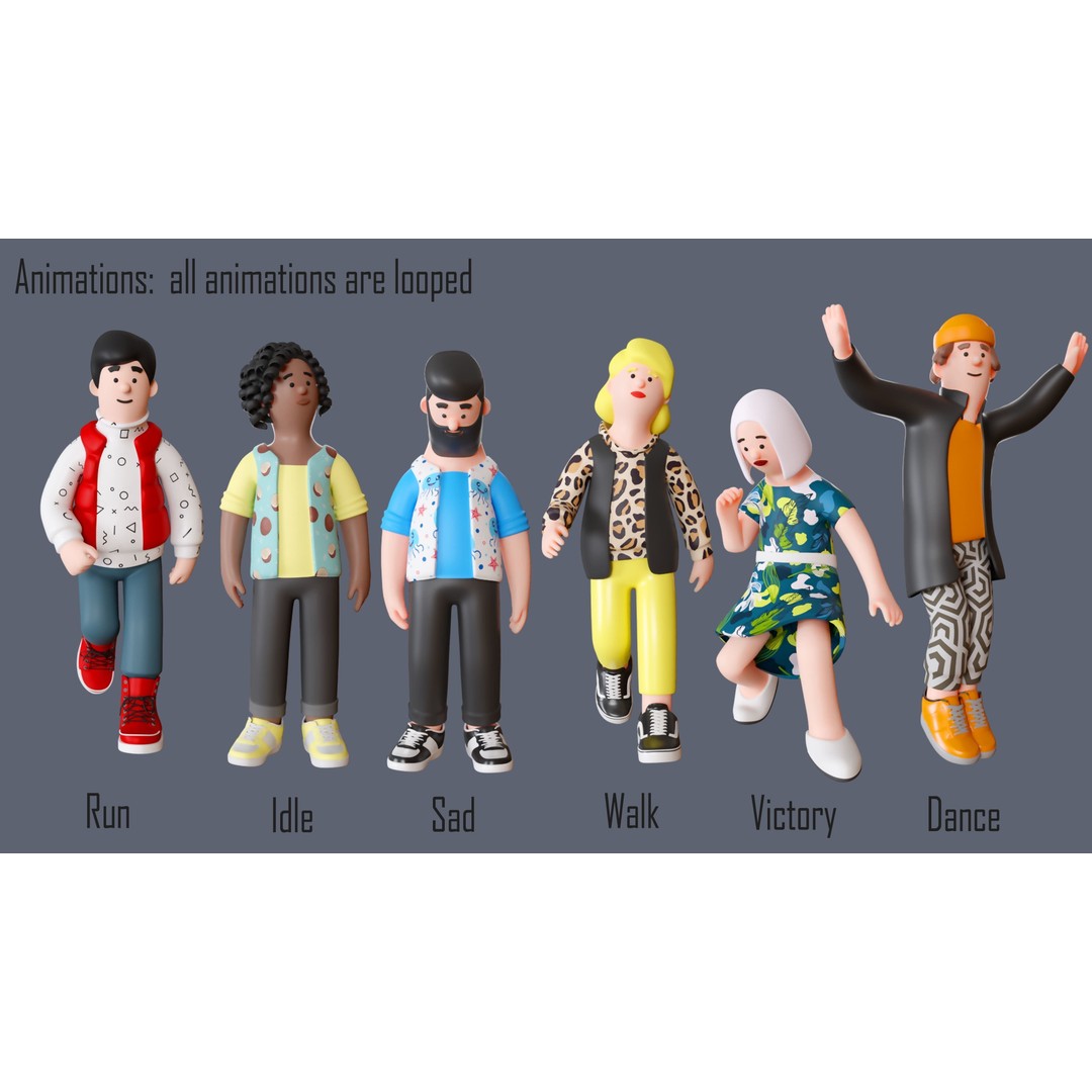 Cartoon Characters 3D Model – Low Poly Animated Rigged Pack, FBX, OBJ - View 5