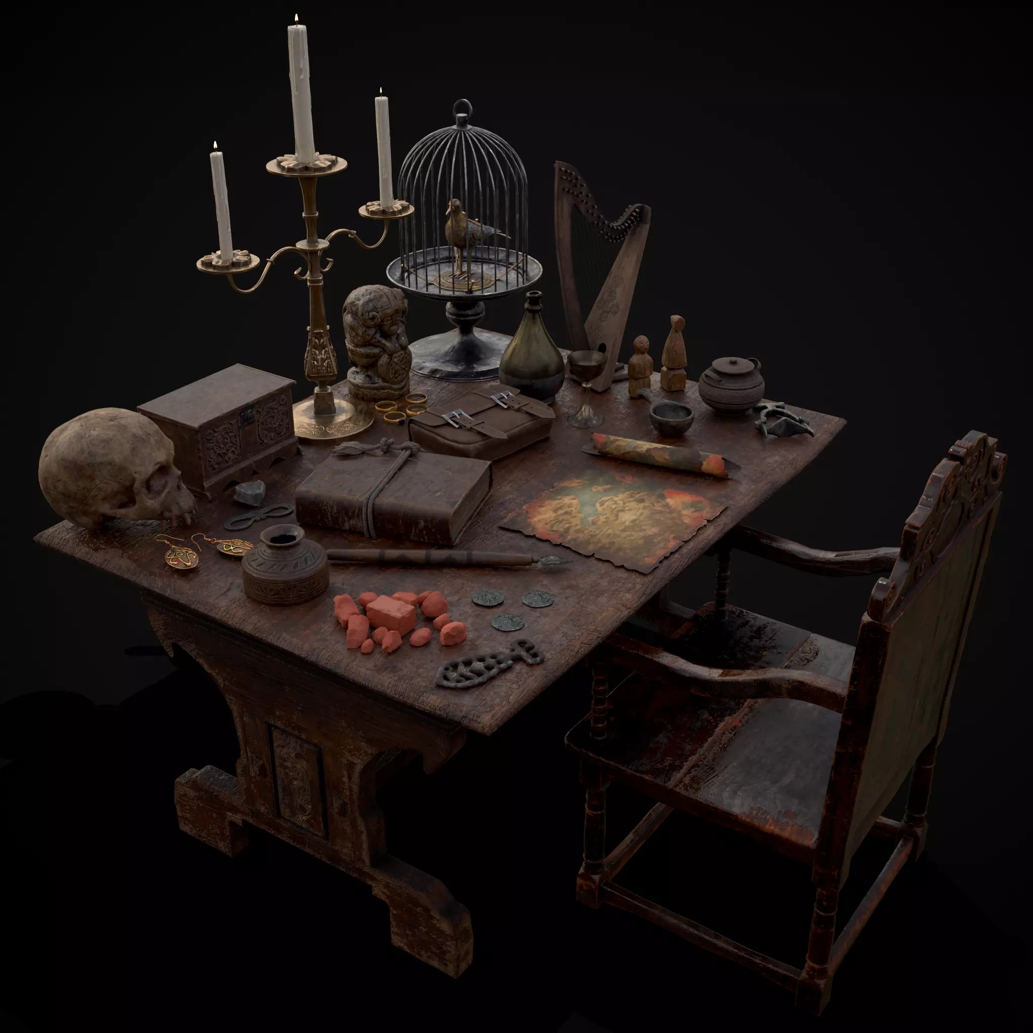Messy Study Desk - Low-Poly Game-Ready 3D Model - View 2