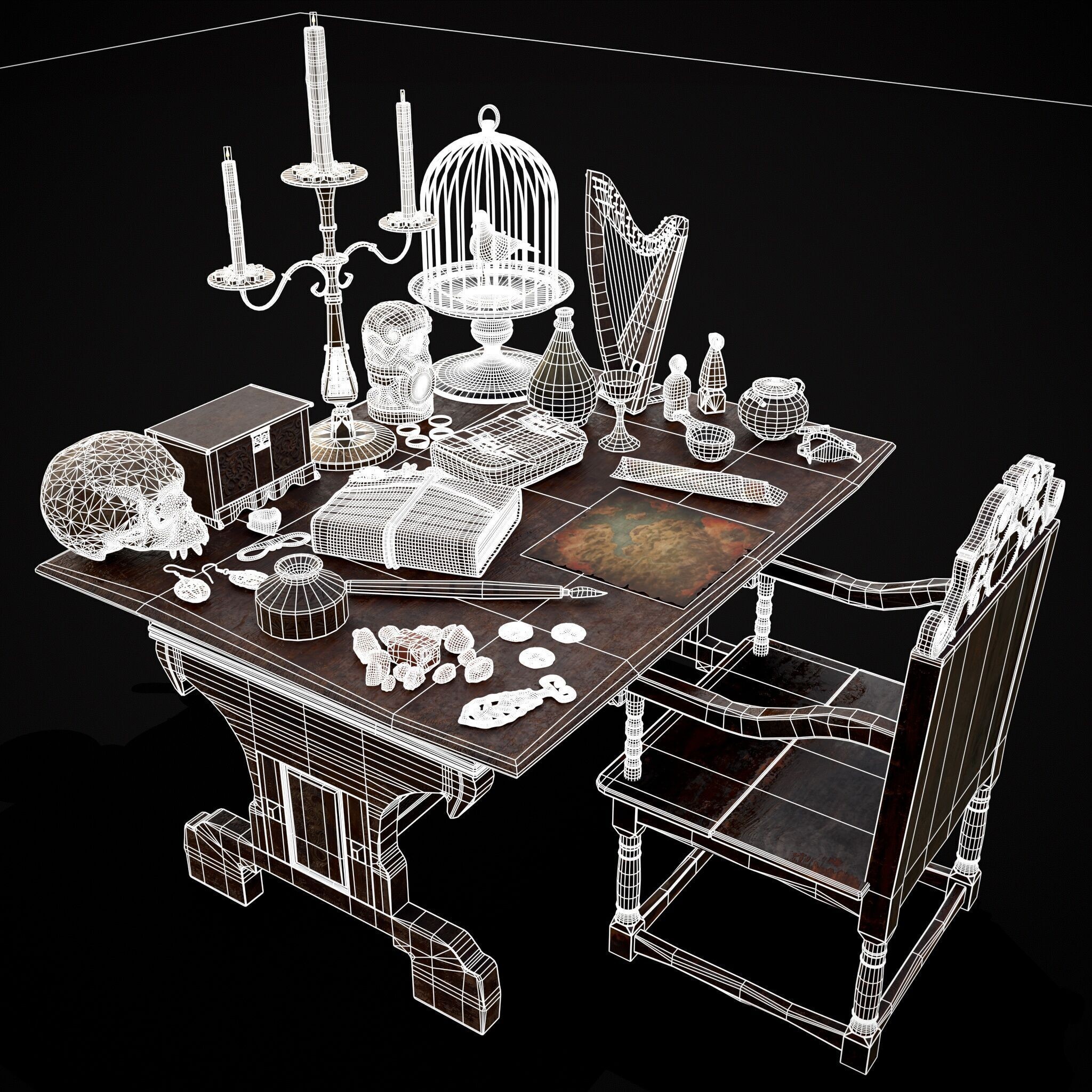 Messy Study Desk - Low-Poly Game-Ready 3D Model - View 3