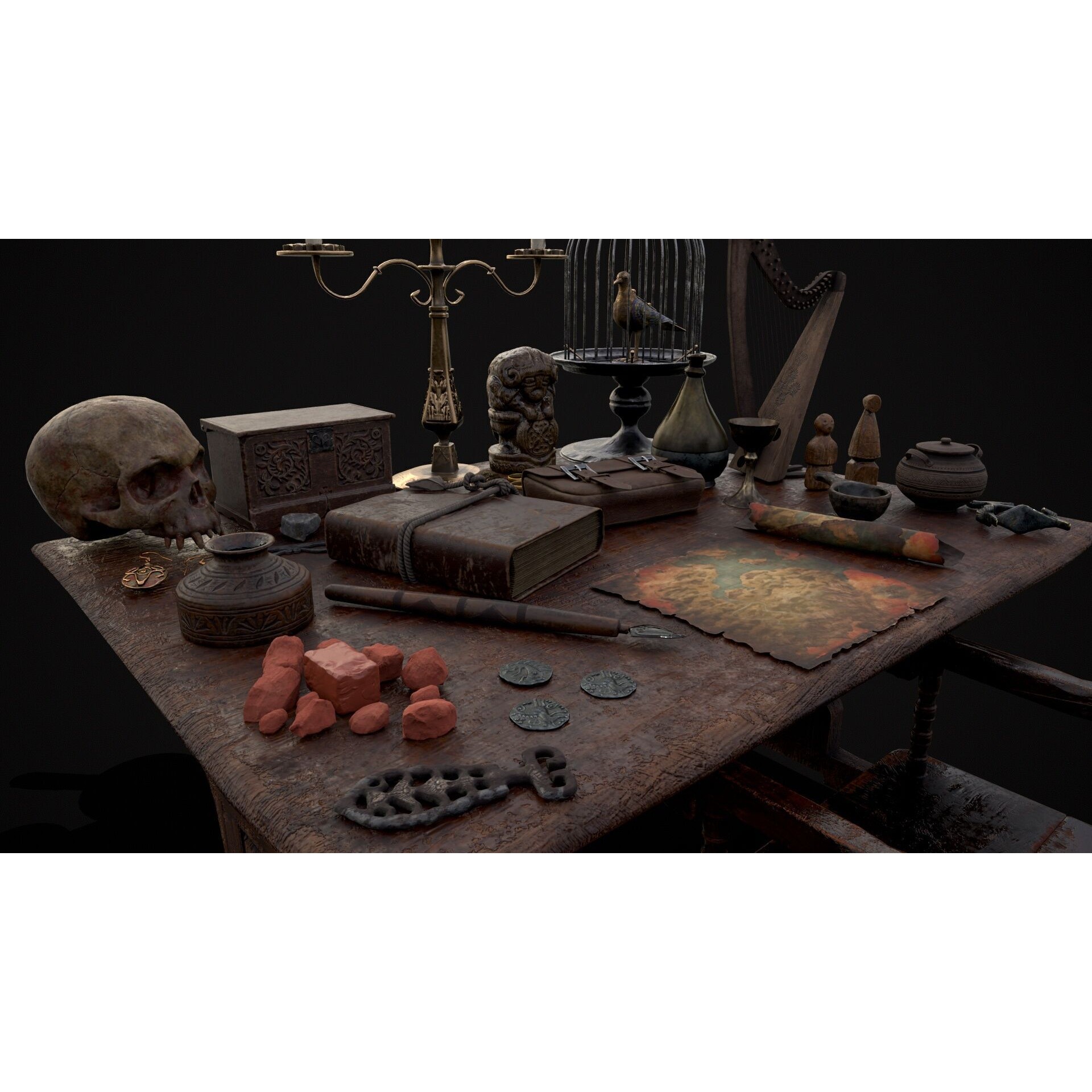 Messy Study Desk - Low-Poly Game-Ready 3D Model - View 9