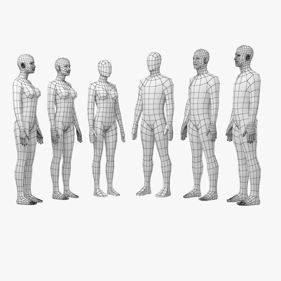 Natural Human Base Mesh 3D Model – Low Poly Bundle for Animation, FBX - View 2