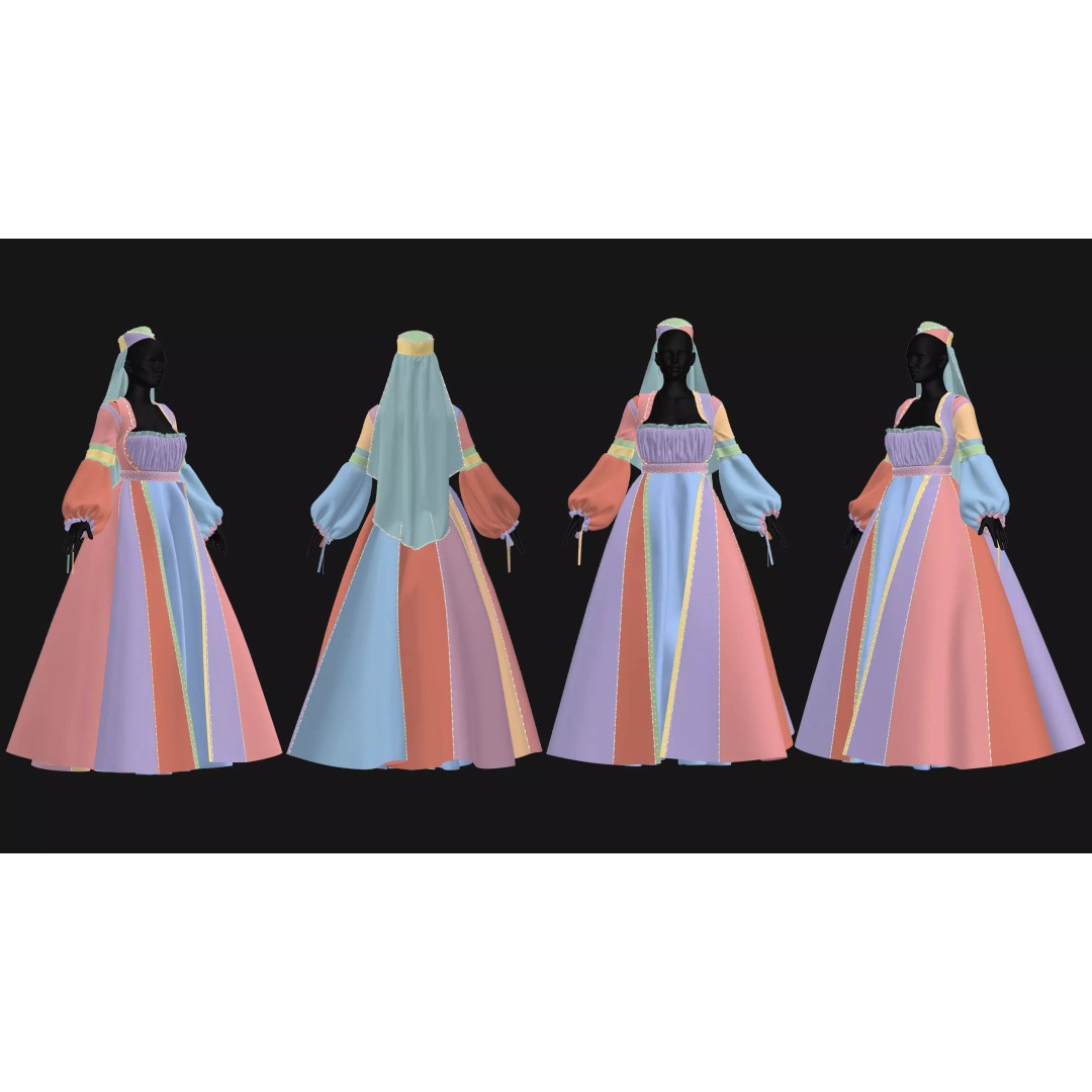 Female Medieval Dress 3D Model – High Poly Game Asset, FBX, OBJ - View 10