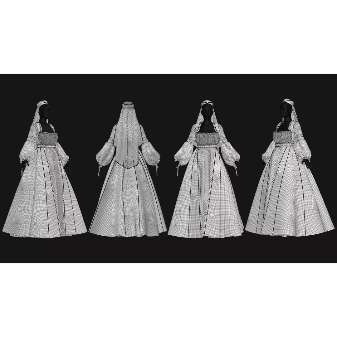 Female Medieval Dress 3D Model – High Poly Game Asset, FBX, OBJ - View 11