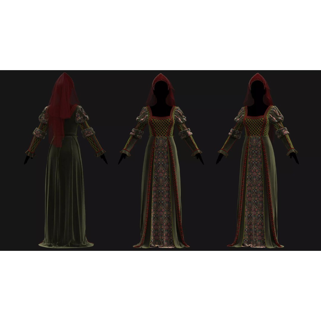 Female Medieval Dress 3D Model – High Poly Game Asset, FBX, OBJ - View 13