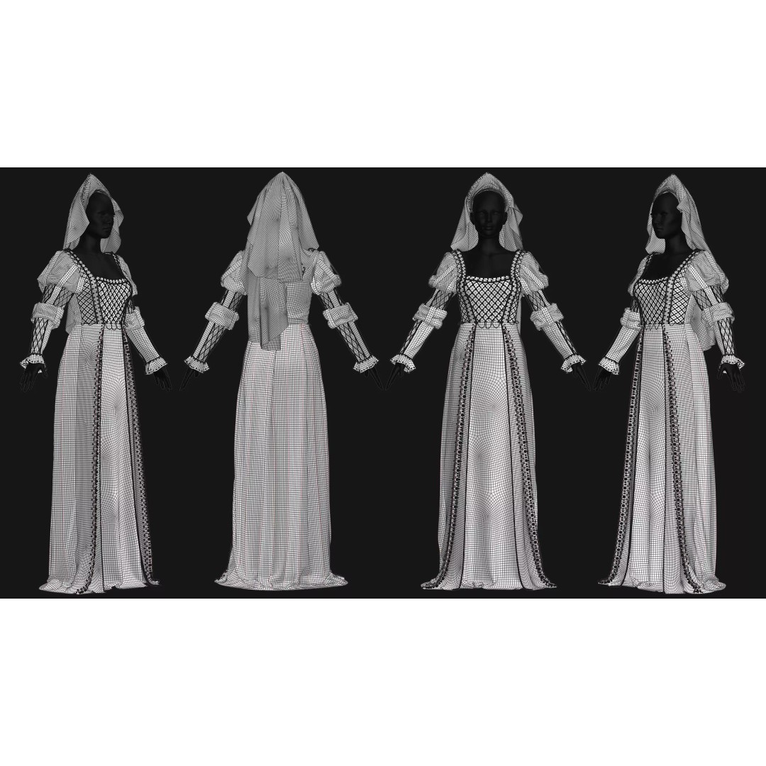 Female Medieval Dress 3D Model – High Poly Game Asset, FBX, OBJ - View 16