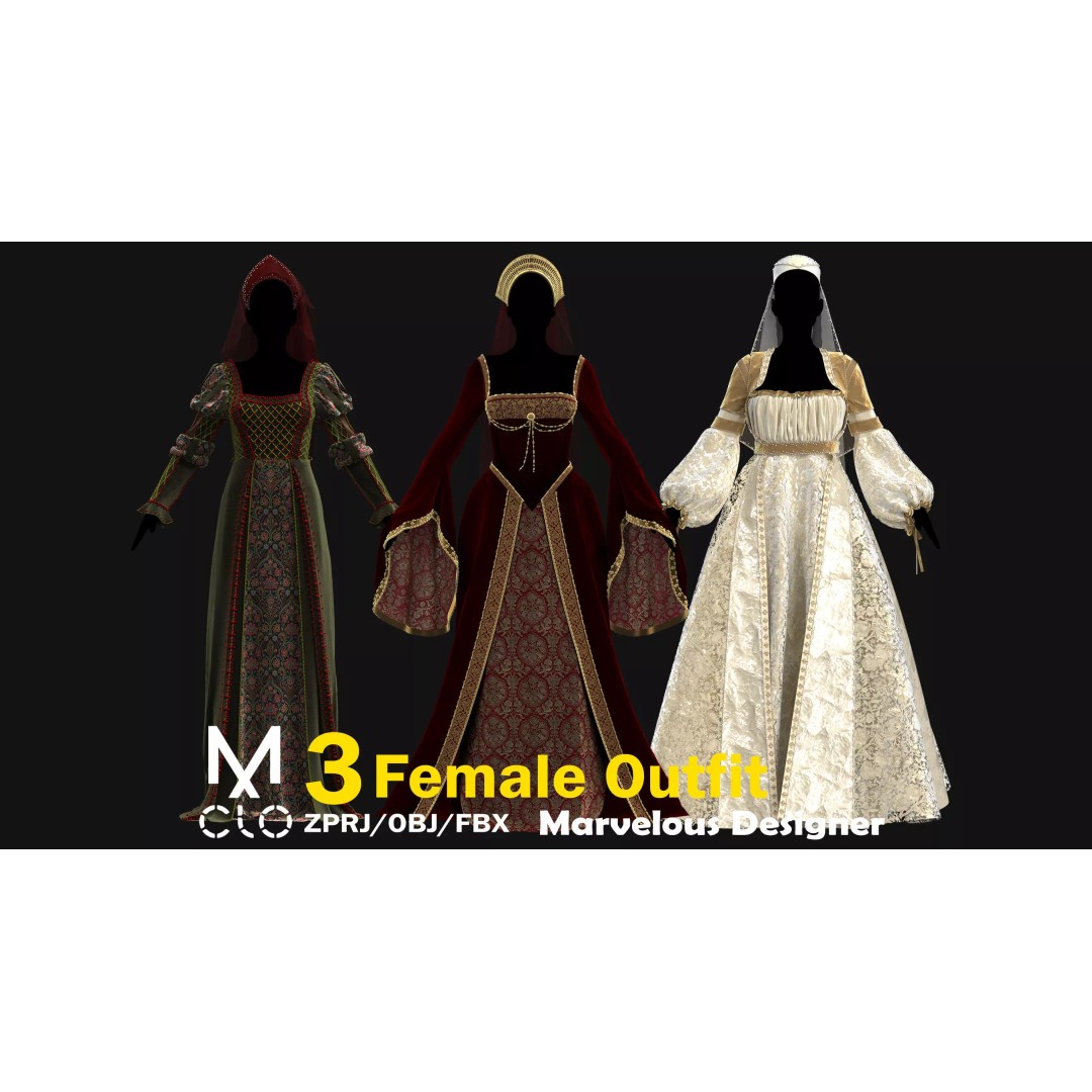 Female Medieval Dress 3D Model – High Poly Game Asset, FBX, OBJ - View 2