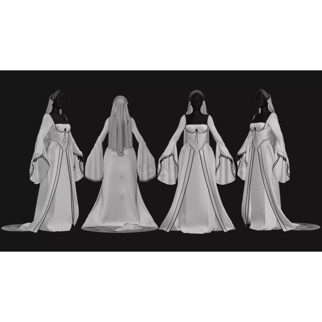 Female Medieval Dress 3D Model – High Poly Game Asset, FBX, OBJ - View 6