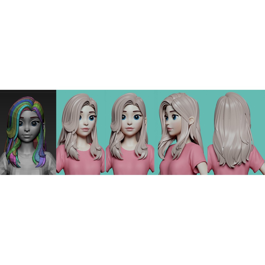 Stylized Female Hair 3D Model – Low Poly Cartoon Hair Package, FBX - View 11